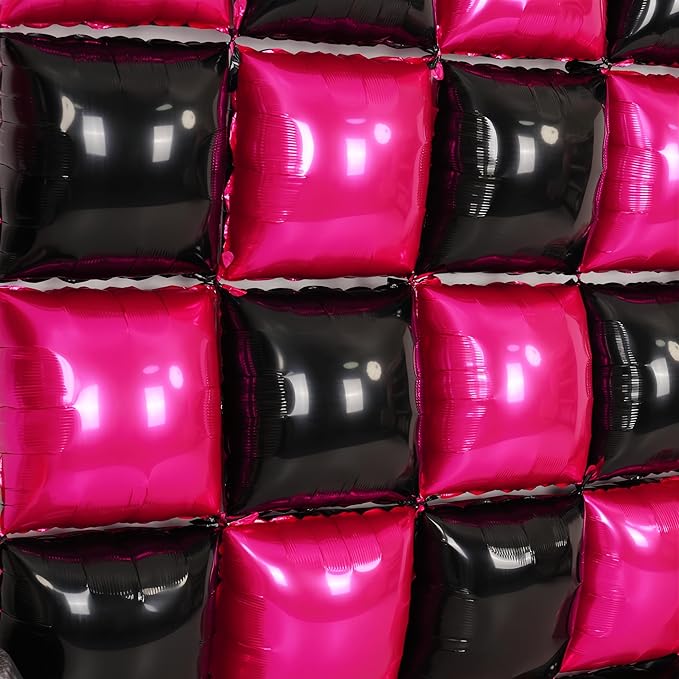 Pink and Black Square Foil Balloons Wall, Double Sided Chrome Hot Pink Black Balloons Tunnel Arch Kit Backdrop for Girl Birthday Party Wedding Engagement DIY Hula Hoop Decorations