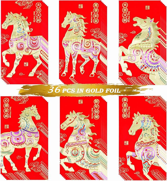Red Envelopes Chinese New Year Of The Horse 2026,红包,Lucky Money Envelopes For Lunar New Year, Hongbao With 6 Gold Embossed Patterns Colorful 36Pcs Large