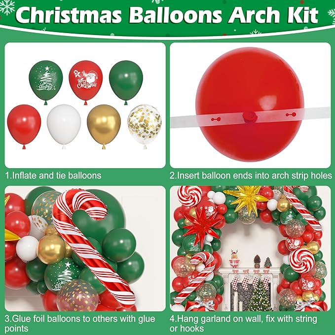 Ouddy Life Christmas Balloon Garland Arch Kit, 174 pcs Red Green White Metallic Gold Balloons Candy Cane Gift Box Star Foil Balloons for Christmas Party Decorations Xmas Baby Shower New Year Decor