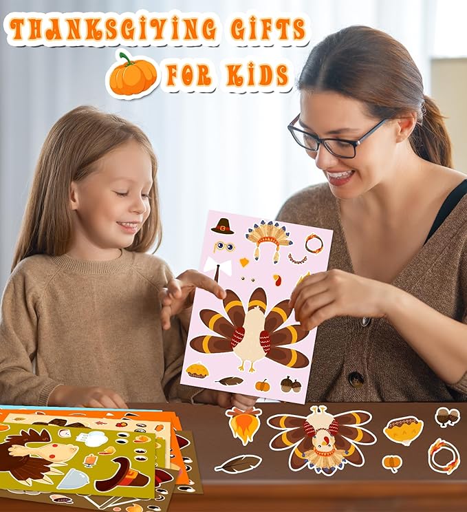 Thanksgiving Stickers for Kids, DIY Crafts Stickers for Kids, Make a Turkey Face Sticker, Thanksgiving Games Activities Decorations Party Supplies(24 Sheets)