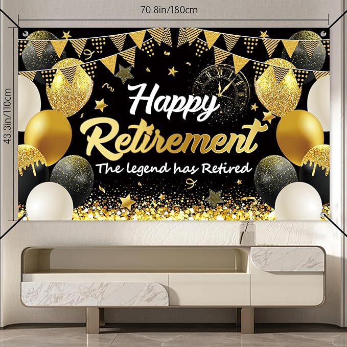 Retirement Party Decorations Kit for Men Women, Black Gold Happy Retirement Banner with 6PCS Honeycomb Centerpiece,5.9 x 3.6Ft, Black Gold Office Yard Sign for Farewell Decorations Party Supplies