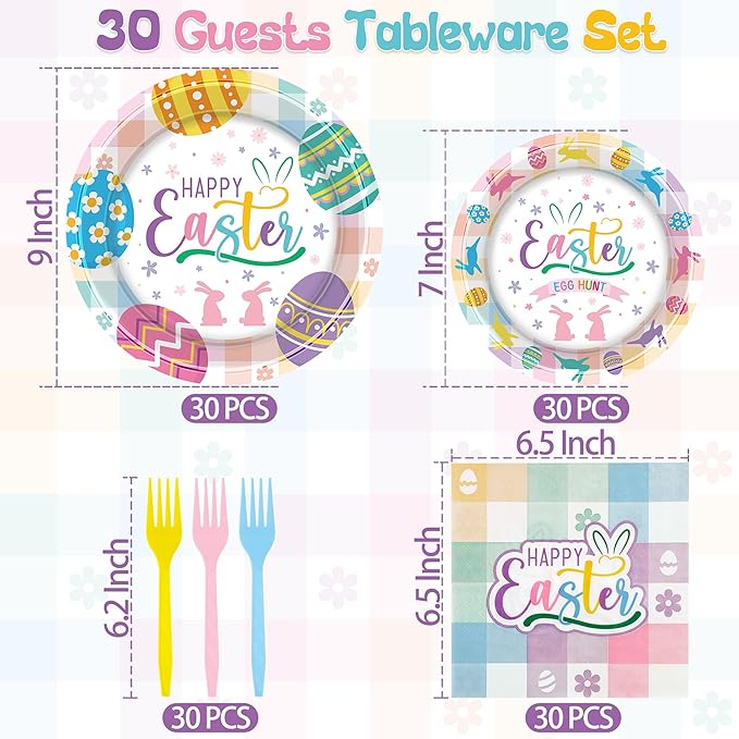 120 PCS Easter Party Decorations, 30 Set 9" Dinner Plates 7" Dessert Plates Paper Napkins Forks Set, Disposable Paper Plates Happy Easter Plates Bunny Egg Party Dinnerware Tableware Party Supplies