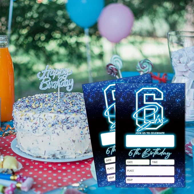 SIXEIGHT Blue 6th Birthday Party Invitations for Boys, Glow Neon Birthday Invitations, 20 Double Sided Invite Cards with Envelopes for Kids Girls, Party Decorations Supplies, 4"x6"-C06