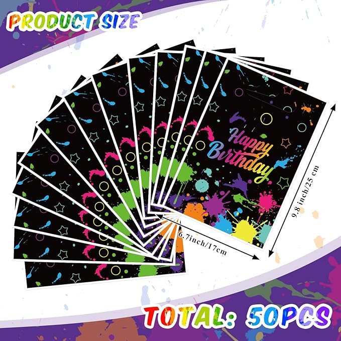 Pasimy 50 Pieces Neon Bags Let's Glow in The Dark Supplies Neon Happy Birthday Candy Goodie Treat Plastic Bags with Handle for Glow in Dark Birthday Party Decoration