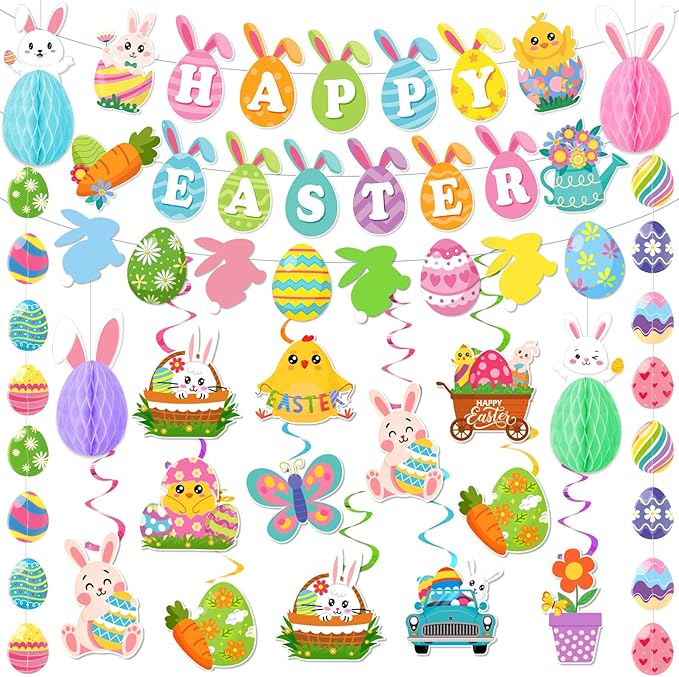 Easter Decorations for Home Easter Party Decorations Includes Happy Easter Banner Easter Garland Egg Bunny Easter Hanging Decorations Swirls Honeycomb Balls for Holiday Party Home Classroom Office