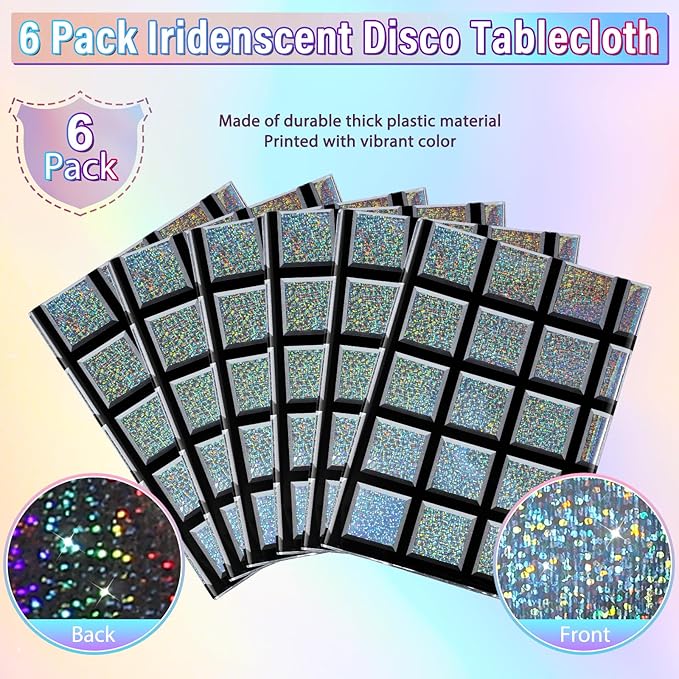 6 Pack Disco Tablecloth Party Decorations, Shiny Iridescent Disposable Laser Rectangle Table Covers, Silver Holographic Plastic Table Cloth for 70s Disco Birthday Theme Party Decorations, 39 x 108Inch