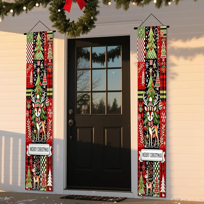 Nuxovilar Christmas Decorations Outdoor Yard Front Porch Sign Set, Red Black Plaid Christmas Tree Reindeer Door Banners for Front Door, Hanging Xmas Decor for Home Indoor Outdoor Wall Yard