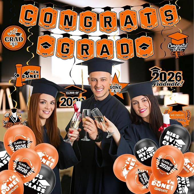Graduation Decorations 2026 Orange Themed Set - Congrats Grad Banner, Class of 2026 Backdrop, Balloons & Streamers Kit - Complete Party Supplies for High School & College Celebrations