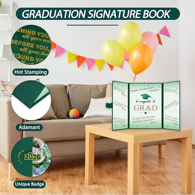 Vlipoeasn 2PCS Graduation Guest Book Alternative, Green Gold Class of 2026 Party Decorations, Grad Signature Book for 2026 College High School, Unique Graduation Gifts for Friends