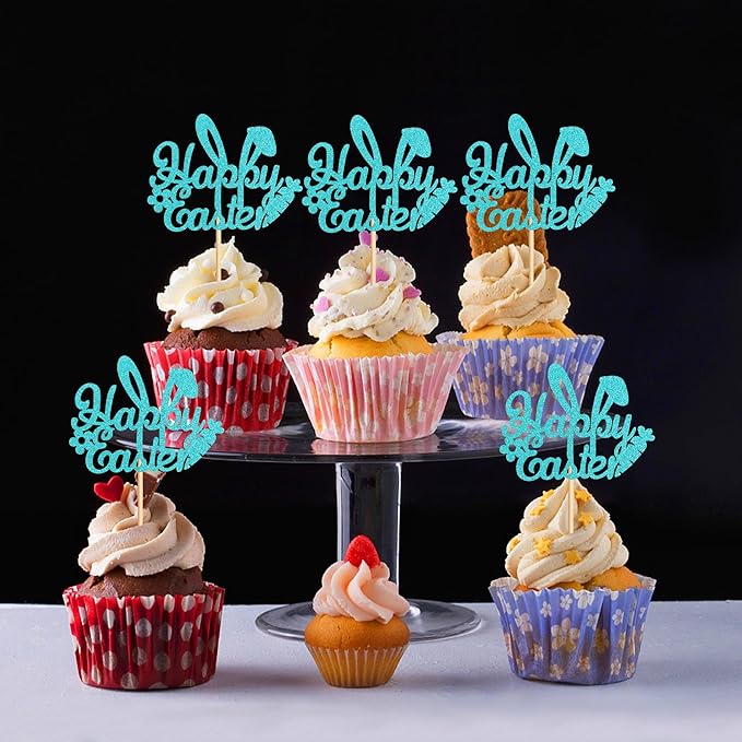 Ercadio 24Pcs Happy Easter Cupcake Toppers Glitter Blue Happy Easter Bunny Ears Cupcake Picks for Easter Day Theme Baby Shower Easter Birthday Party Cupcake Decorations