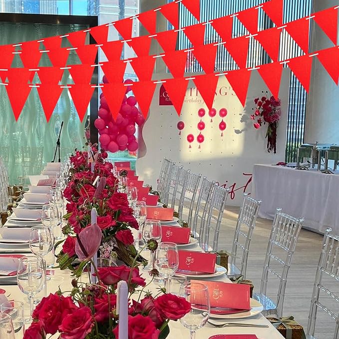 44ft Red Party Decorations, Hanging Glitter Paper Triangle Flag DIY Banner for Christmas Party Decorations for Decor Graduation Carnival Bachelorette Engagement Wedding Birthday Baby Bridal Shower