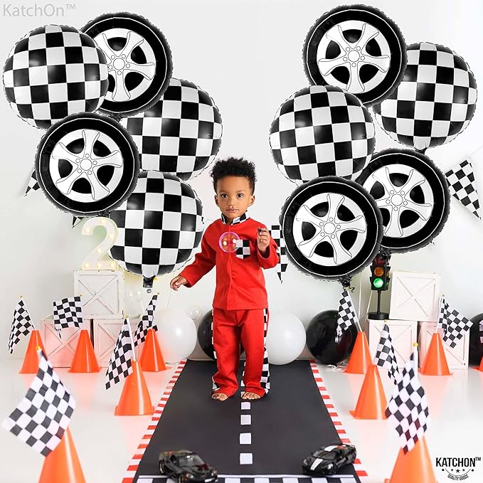 KatchOn, Huge Tire Balloons and Checkered Balloons - 18 Inch, Pack of 12 | Two Fast Two Curious Birthday Decorations | Tire Balloon, Two Fast Birthday Decorations | Race Car Birthday Party Decorations