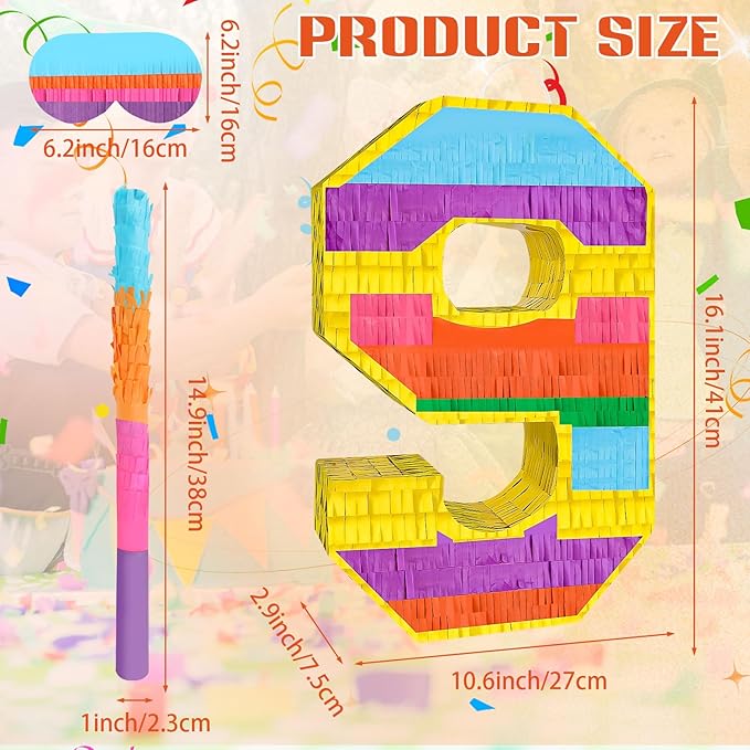 Rainbow Number 9 Pinata Birthday Decorations for Kids, Rainbow Pinata with Bat Stick Blindfold for Boys Girls 9th Birthday Celebrations Baby Shower Party Supplies (16.14x10.6x2.95 Inches)