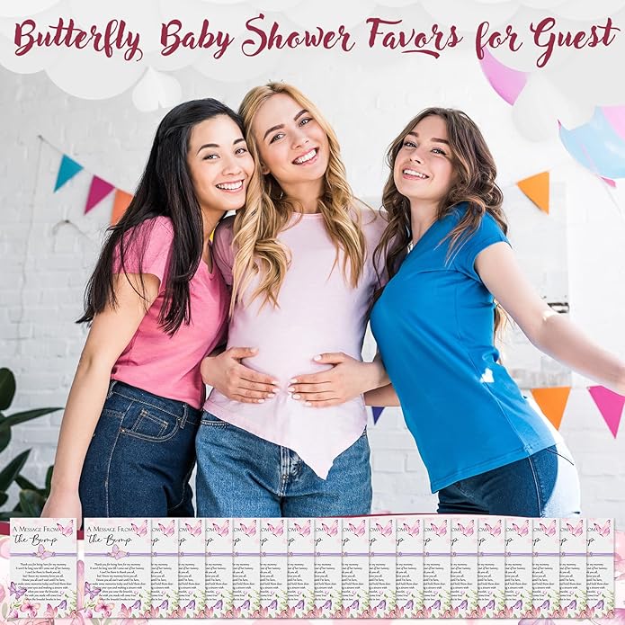 Ferreve Baby Shower Favors for Guests Bulk, 50 Pack Butterfly Wish Bracelets with “A Message from the Bump” Cards, Baby Shower Party Favors for Gender Reveal