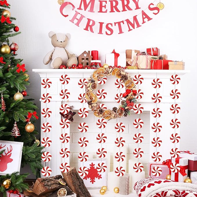 Faccito 8 Pcs Christmas Peppermint Candy Hanging Decorations Christmas Ceiling Decorations Paper Garland for Xmas Party Winter Holiday Birthday Decor(Red White Candy)