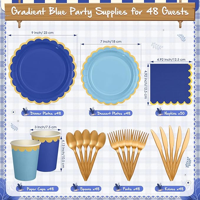 Mimorou 338 Pcs Blue Plates and Napkins Party Supplies for Guests Blue Tableware Include Scalloped Plates Paper Napkin Cup Spoon Fork Knife for Baby Shower, Wedding, Birthday