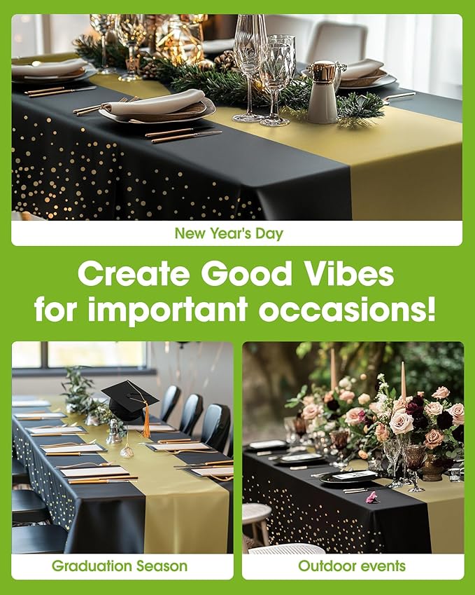 Pureegg Plastic Table Cloth Disposable 10 Pack, 54 x 108 Inch, Table Runner Style, Graduation Decorations 2026, Party Tablecloths, Rectangle, Plastic Cover, Leakproof & Sturdy, Black Gold