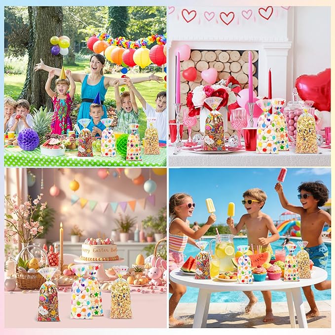 100Pcs Clear Cellophane Treat Bags - 2.8 Mil Thick Plastic Goodie Bags with 110 Twist Ties for Candy, Cookies, Gift Wrapping, Rainbow & Star Clear Gift Bags for Party Favors Classroom Return Gifts