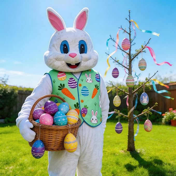 Easter Bunny Mascot Costume Blue Vest Unisex Deluxe Rabbit Costume Party Adult Size Fancy Dress