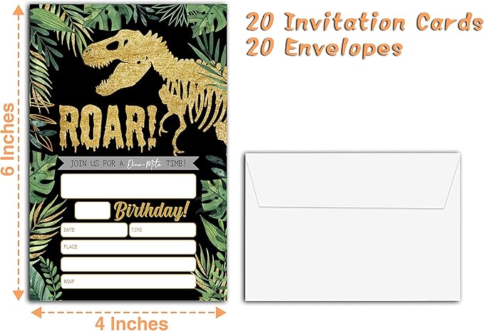 Gold Dinosaur Birthday Party Invitations, 20-Count Jungle Birthday Party Invites With Envelopes-HBYQK-B44