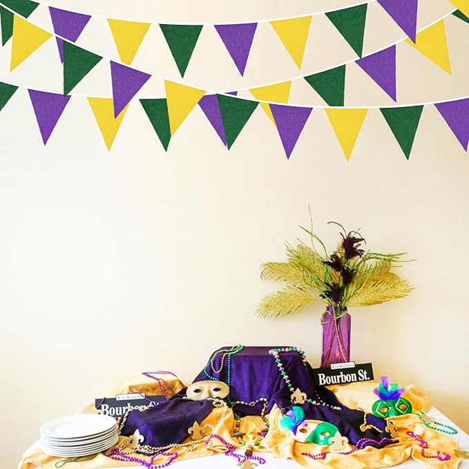 46Ft Yellow Green Purple Party Decorations Yellow Green Purple Burlap Banner Triangle Pennant Flag Linen Garland Streamers for Mardi Gras Birthday Baby Shower Rustic Spring Wedding Mardi Gras Decor