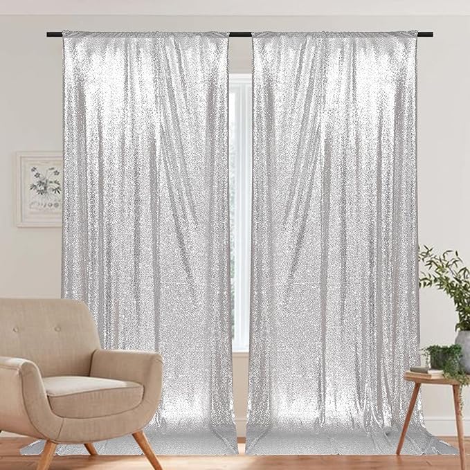 PartyDelight Silver Sequin Backdrop 5x10ft 2 Panels - High Density 3mm Shimmer Sequin Background with 4-Inch Rod Pocket, Sparkly Photography Curtain for Wedding, Stage & Event Decor