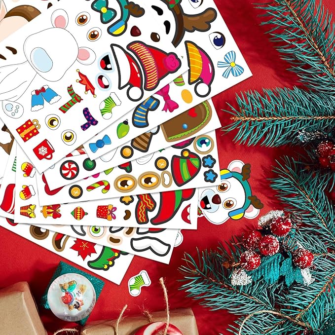 24 Sheets Christmas Stickers for Kids Make a Face Stickers Make Your Own Christmas Characters Mix and Match Stickers, Christmas Party Games Sticker for Christmas Party Favor Supplies School Rewards