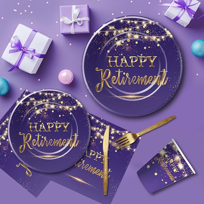 Xigejob Retirement Decorations Paper Plates And Napkins Party Tableware Women - Purple Happy Retirement Party Decorations Supplies, Plate, Cup, Napkin, Fork | Serves 24