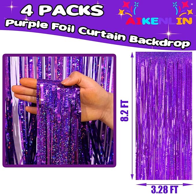 4 Pack 3.2Ft x 8.2Ft Purple Foil Fringe Curtain Backdrop, Metallic Tinsel Foil Fringe Streamers Curtains Background for Photo Booth, Birthday, Wedding, Disco, Bachelorette, Christmas Party Decoration