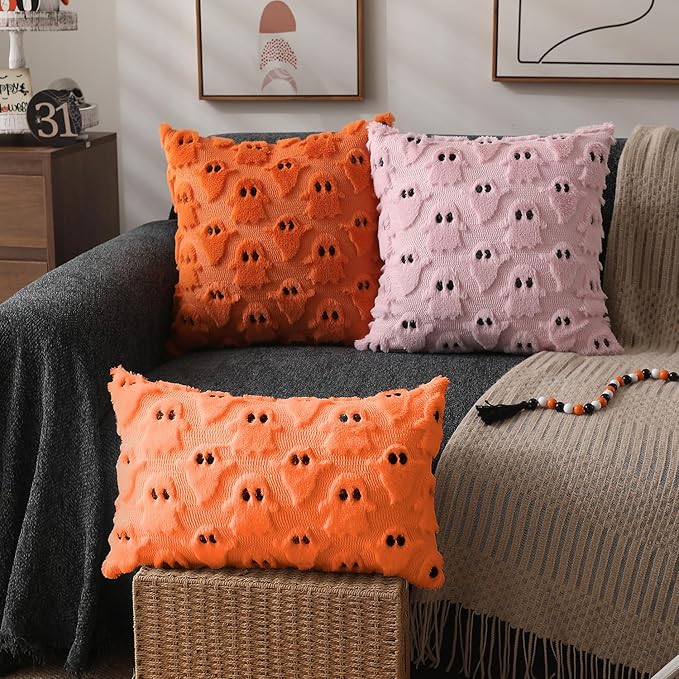 DFXSZ Halloween Pillow Covers 12x20 inch Set of 2 Orange Ghost Throw Pillow Cases Soft Plush Faux Fur Wool Couch Cushion Case for Chair Sofa Bedroom Living Room Home Decor PTK03C12
