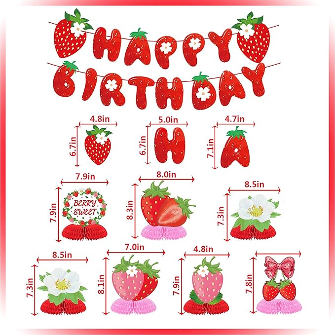 Strawberry Birthday Party Decorations,Strawberries Banner Backdrop Red Pink Fans Hanging Swirls honeycomb ball Pom Poms for Baby Shower Strawberrys Shortcake Party Supplies(Strawberry)