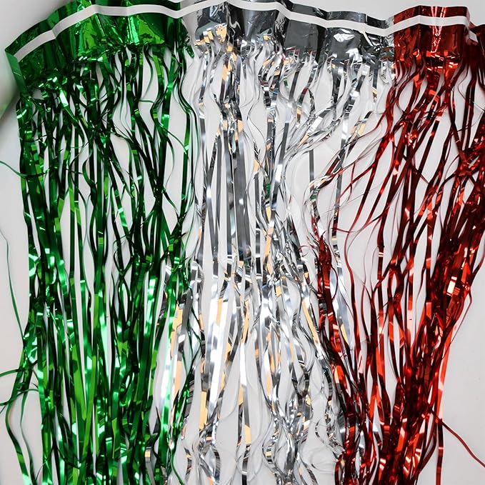 BRAVESHINE 2 Pack Fringe Backdrop Red Silver Green Christmas Party Decorations 3.2 x 6.6 ft Tinsel Foil Curtain Streamer for Valentines Day/Engagement/Bridal Shower/Birthday/Italian Party Decorations