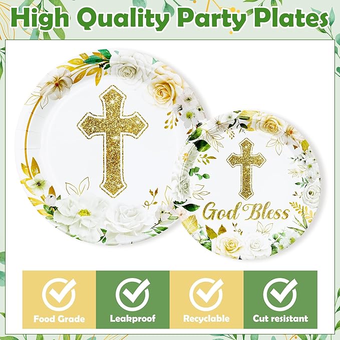 God Bless Flower First Holy Communion Baptism Floral Religious Mi Bautizo Party Plates Supplies - Serves 24-96Pcs Tableware Decorations Disposable Paper Plates Napkins Forks for Birthday