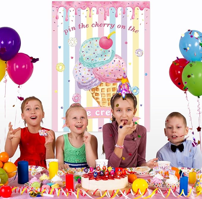 Pin The Cherry on The Ice Cream Game with 24 PCS Cherry Stickers Games Poster for Kids Girls Birthday 21'' x 28''