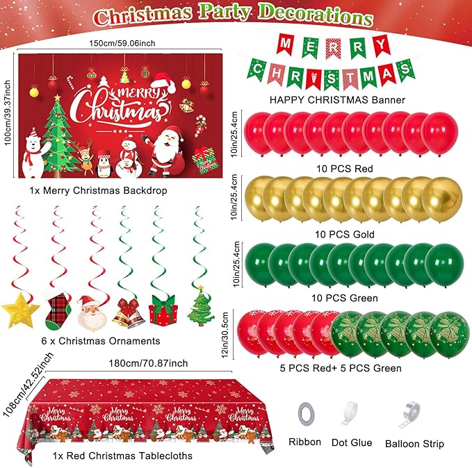 Christmas Party Decorations, Balloon Arch Garland Kit for Kids with Green Red Balloons, Merry Christmas Backdrop Banner Tablecloths Hanging Swirls Pendant for XMAS Decorations Supplies