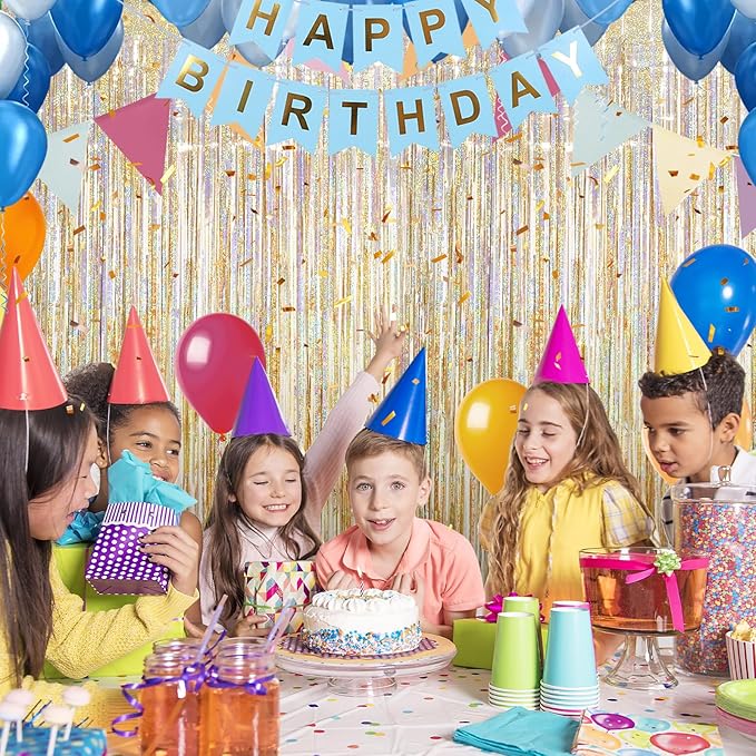 2 Pack Laser Champagne Gold Foil Fringe Curtains Streamers Party Decorations 3.3 x 8.2 ft, Tinsel Curtain Fringe Backdrop for Parties, Door Fringe Birthday Streamers, Photo Booth Backdrops
