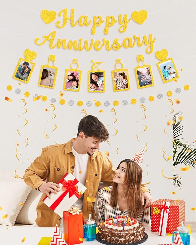 Happy Anniversary Party Decoration Set-Gold Glitter Banner,Photo Banner,Confetti Garland, Hanging Swirls-Elegant Wedding Anniversary Decor