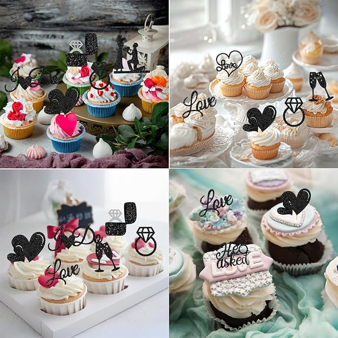 60 Pcs He Asked She Said Yes Cupcake Toppers,Engagement Cupcake Toppers Glitter Diamond Ring Heart Love I Do Cupcake Picks for Engagement Wedding Party Cake Decorations,Black