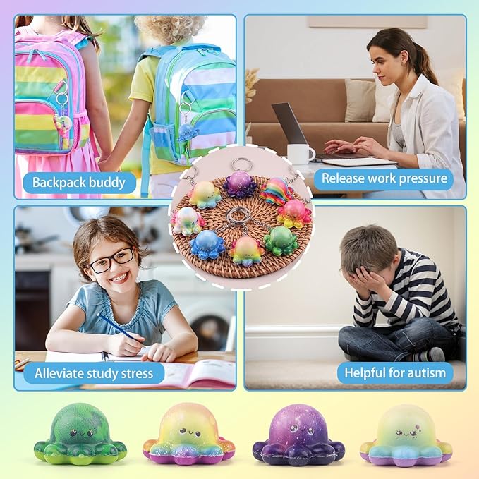 Anboor Octopuses Squishies, 8 Pack Mini Octopi Squeeze Toys for Kids Foam Octopus Squish Keychian Fidget Toys