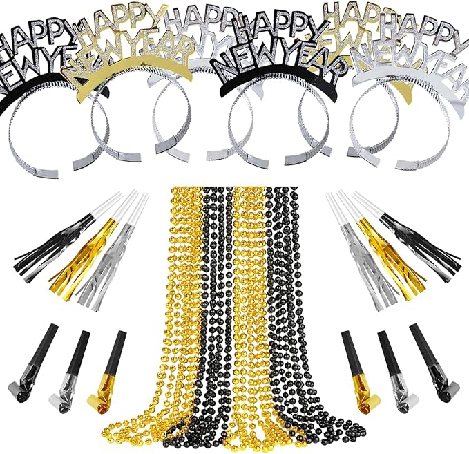 IMISHM New Year Party Favors Kit Happy New Year party supplies Include Headbands Beaded Necklaces Horns Blowouts NYE Party Supplies for Guests Celebrations Photo Props