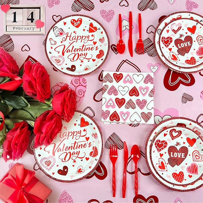 Valentines Day Party Supplies Set for 24, Valentine's Day Plates and Napkins Valentines Tablecloth Cups Valentine Disposable Dinnerware for Valentine's Days Party Decorations