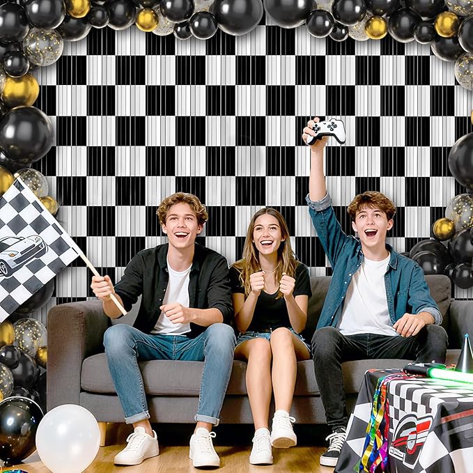 2 Pack Race Car Foil Fringe Curtains Streamers Party Decorations 3.3 x 8.2 ft, Tinsel Curtain Fringe Backdrop for Parties, Door Fringe Birthday Streamers, Barbie Backdrop Birthday Party Decorations