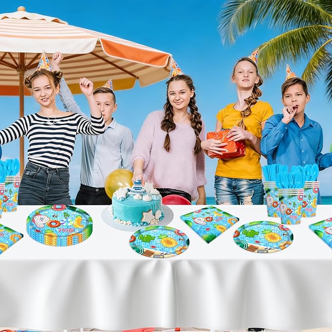 140PCS Summer Pool Party Decorations Set Swimming Beach Ball Themed Birthday, Tropical Hawaii Holiday Tableware Supplies Includes Plates, Napkin, Fork, Cup, Serves 20