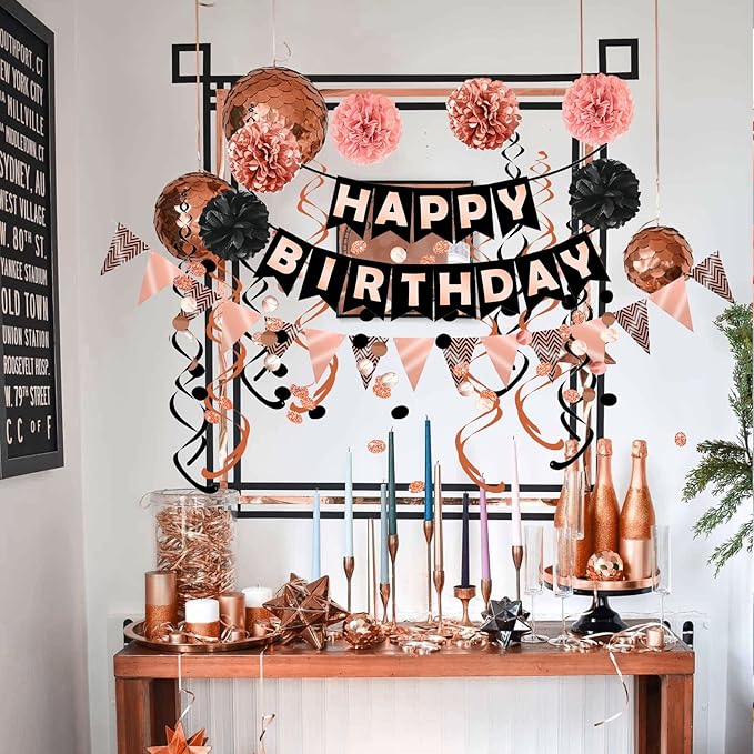 FECEDY Rose Gold Black Theme Happy Birthday Banner Flag Bunting Paper Circle Confetti Garland Swirl Streamers Honeycomb Ball for Birthday Party Decoration