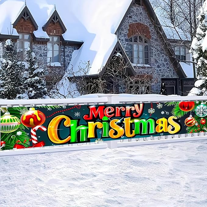 Merry Christmas Decorations Banner 118x20 Inch Polyester Fabric Ornaments Tree Branches Holly Design for Indoor Outdoor Garden Fence Banner Outdoor Porch sign Party Supplies
