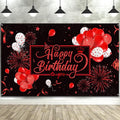 Blulu Happy Birthday Backdrop Banner Sign Poster Large Fabric Glitter Balloon Fireworks Sign Photo Backdrop Background for Birthday Party Decoration Supplies, 72.8 x 43.3in(Black and Red)