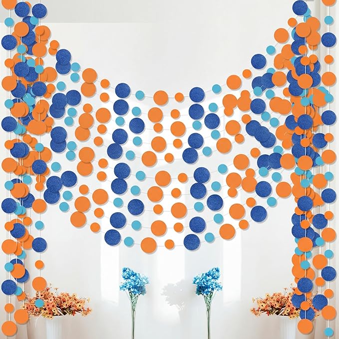 Outus 10 Pieces Orange,Blue Round Dots Garland Easter Graduation Party Hanging Decor Each Length 13.1ft Glitter Paper Dot Streamers for Birthday Wedding Classroom
