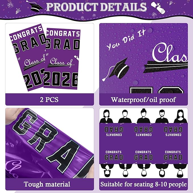 OHOME Graduation Decorations Class of 2026 - Graduation Party Decorations 2026 - Disposable Plastic Purple Tablecloth Banner for Class of 2026 Decorations Party Favors Supplies,54" X 108",2 Pack