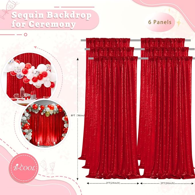 B-COOL Red Valentines Sequin Backdrop Curtains 6 Panels 2ftx8ft Shiny Curtain Backdrop Drapes for Wedding Parties Home Event Background Decorations