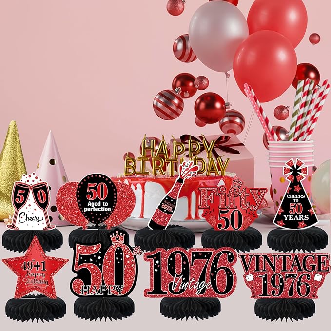 9Pcs 50th Birthday Decorations Red and Black 50th Birthday Party Decorations for Women,Happy 50 Years Vintage 1976 Aged Honeycomb Centerpieces Table Sign Decor Supplies